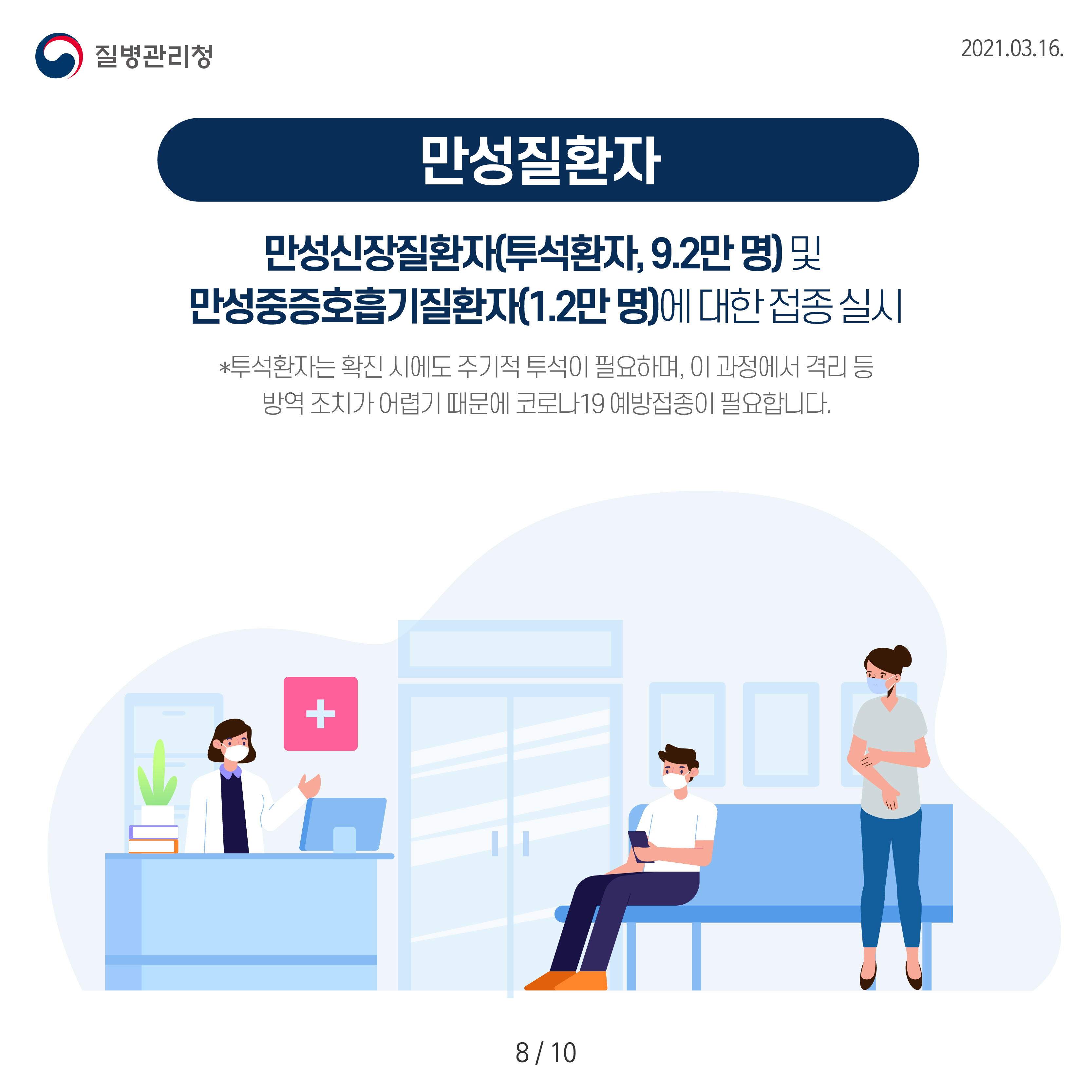 만성질환자 만성신장질환자 투석환자 9.2만명 및 만성중증호흡기질환자 1.2만명에 대한 접종 실시 투석환자는 확진 시에도 주기적 투석이 필요하며, 이 과정에서 격리 등 방역 조치가 어렵기 때문에 코로나 19 예방접종이 필요합니다.